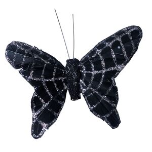Handmade black feather silver sparkle spiderweb butterfly moth hair clips